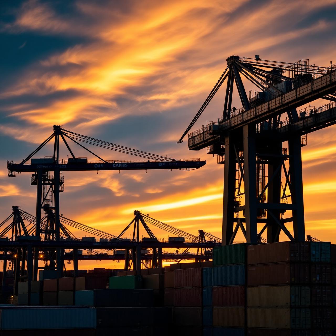Global shipping terminal with cranes at golden hour